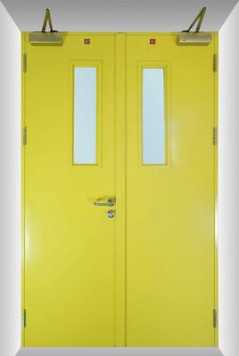 Желтая огнеупорная дверь с двумя створками и стеклами